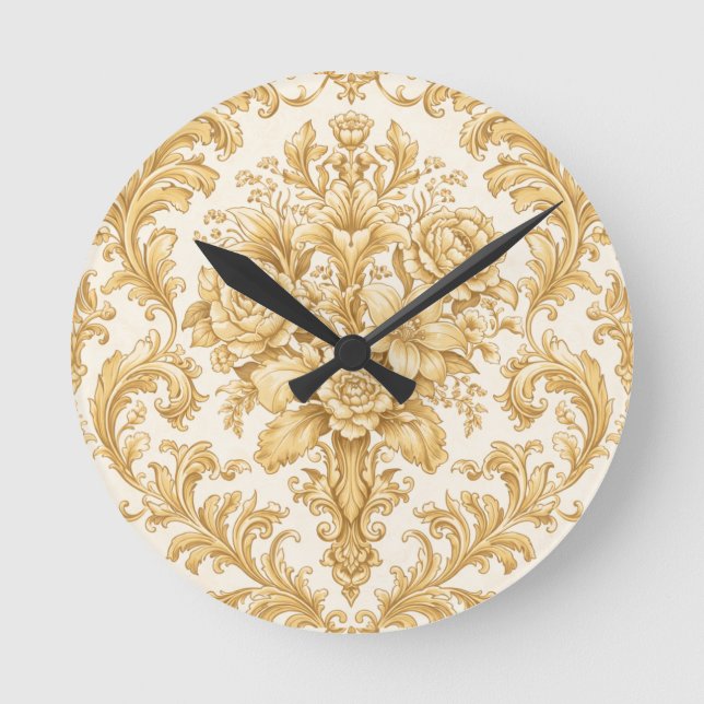 Gold Damask Floral Runde Wanduhr (Vorderseite)