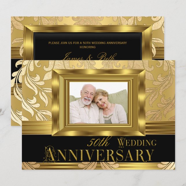 Gold Damask Foto 50. Hochzeitstag Einladung (Vorne/Hinten)
