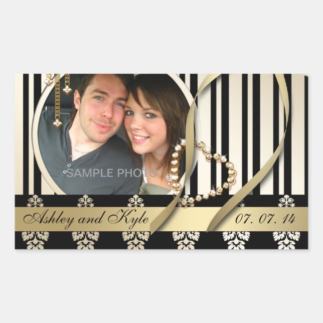 Gold Damask Foto-Namen Save the Date Labels Rechteckiger Aufkleber (Vorderseite)