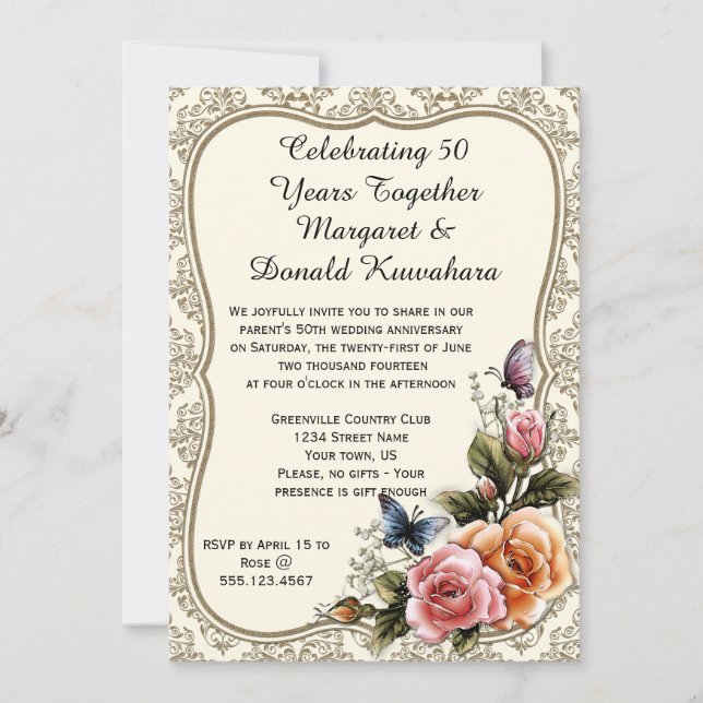 Gold Damask Gold Frame Rose 50 Jahre alt Einladung (Vorderseite)