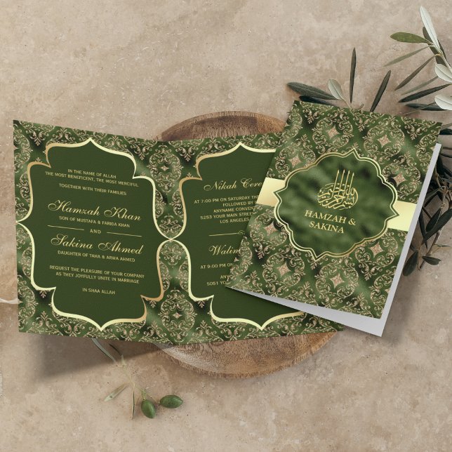 Gold Damask Hunter Green Islamische Hochzeit Einladung (Von Creator hochgeladen)