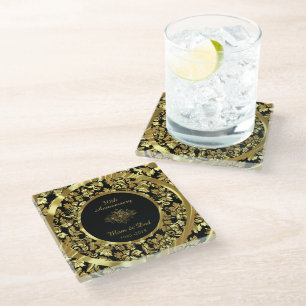 Gold Damask im schwarzen Hintergrund 50 Jahre alt Glasuntersetzer