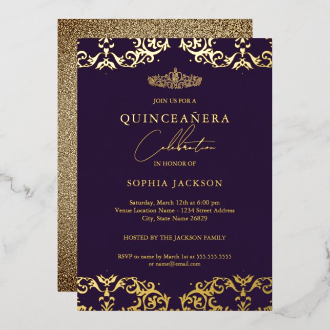 Gold Damask Lila Quinceanera 15. Geburtstag Folieneinladung (Vorderseite/Rückseite)