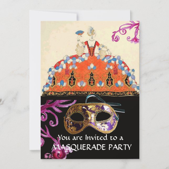 GOLD DAMASK MASK UND ORANGE LADY MASQUERADE PARTY EINLADUNG (Vorderseite)