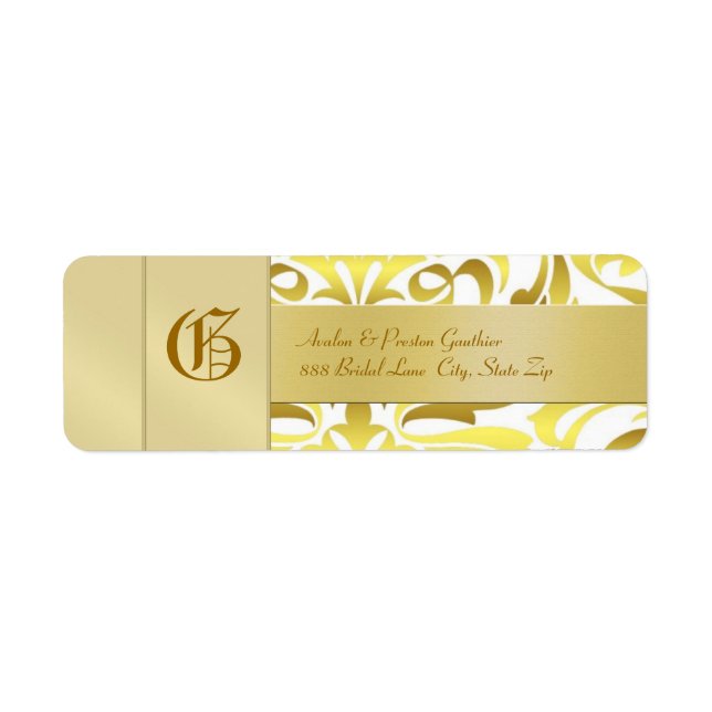 Gold Damask Monogram Gold Wedeladresse Label (Vorne)