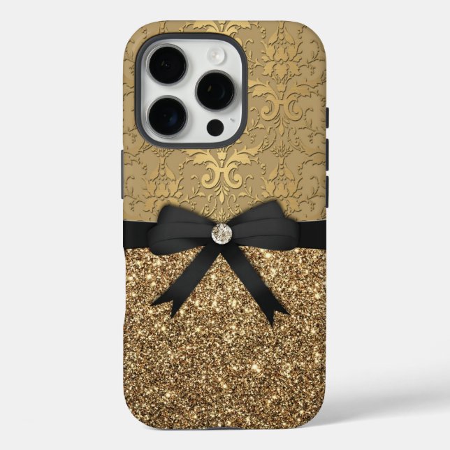 Gold Damask, Multifunktionsleiste und Glitzer iPhone 16 Pro Hülle (Rückseite)