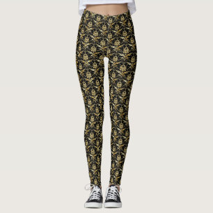 Gold Damask Muster auf schwarzem Hintergrund Leggings