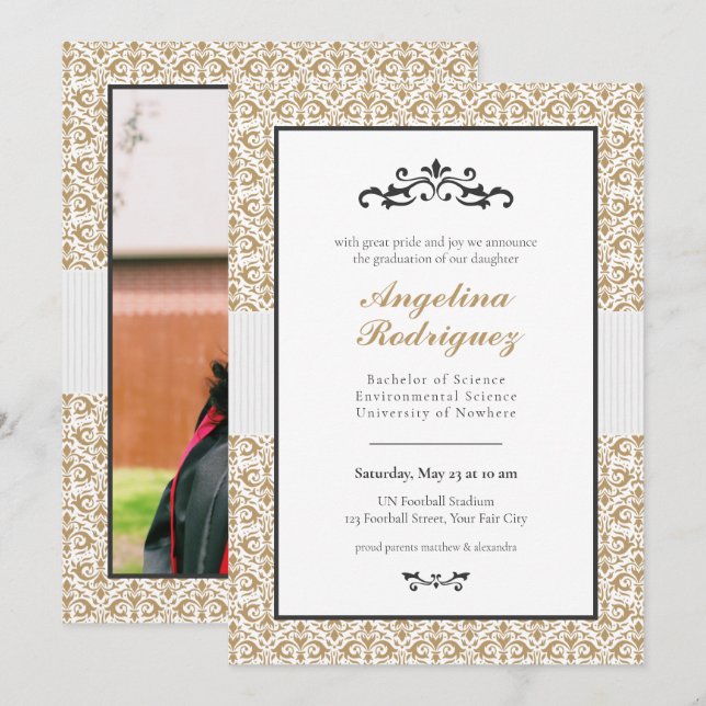 Gold Damask Muster Foto Abschluss Einladung (Vorne/Hinten)