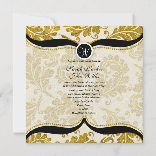 Gold Damask Paisley Wedite Einladung (Vorderseite)