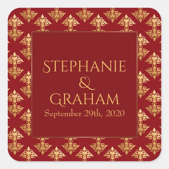 Gold Damask Red Wedding Quadratischer Aufkleber (Vorderseite)