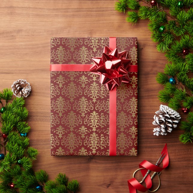 Gold Damask Rotes Elegantes Weihnachtsfest Geschenkpapier (Feiertagsgeschenk)