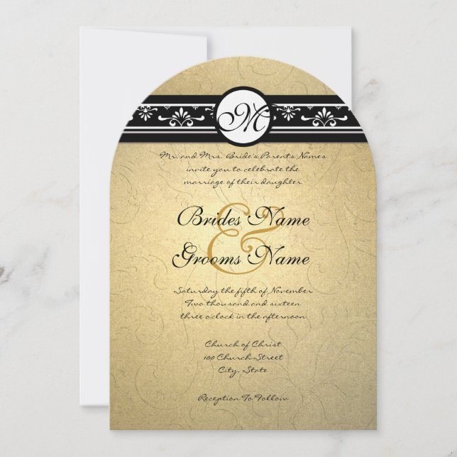 Gold Damask Swirls Wedding Invitation 5x7 Einladung (Vorderseite)