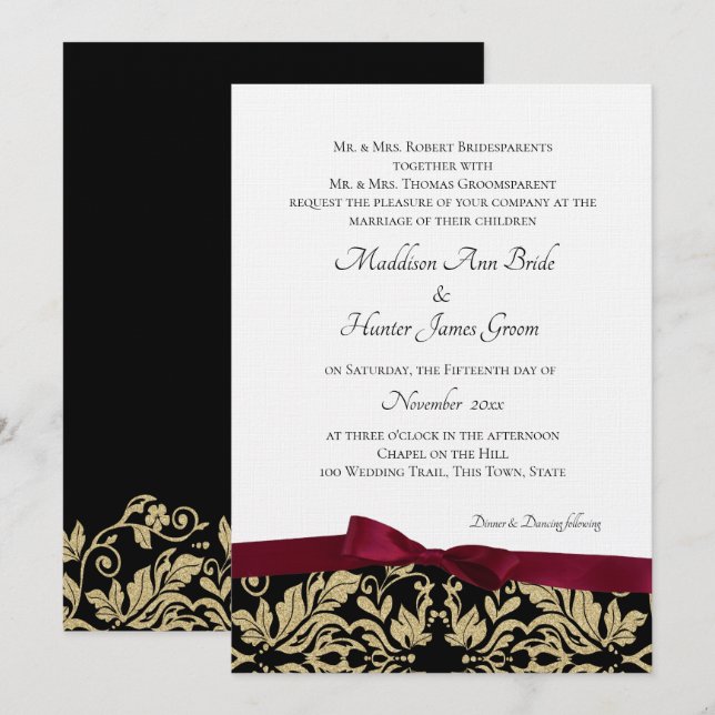 Gold Damask und Burgund Bow Wedding Einladung (Vorne/Hinten)