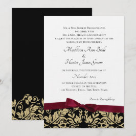 Gold Damask und Burgund Bow Wedding Einladung