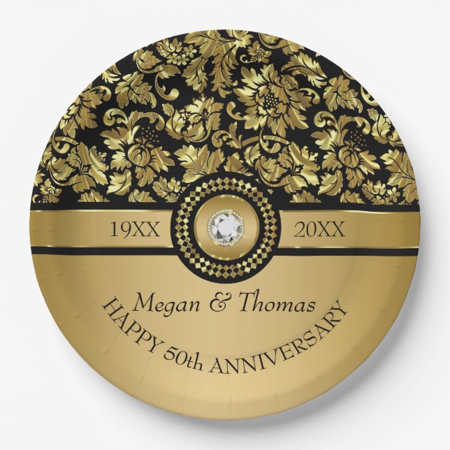 Gold Damask und Diamond - 50 Jahre Jubiläum Abende Pappteller (Vorderseite)