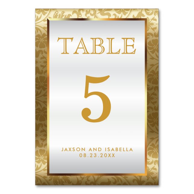 Gold Damask und White Satin - Tafelkarte Tischnummer (Vorderseite)
