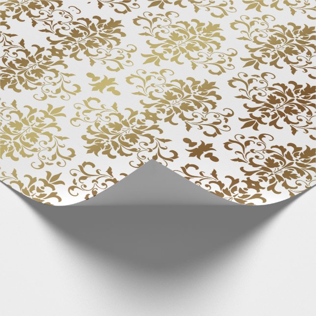 Gold Damask White Script Elegant Geschenkpapier (Ecke)