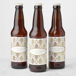 Gold Damask White Script Wedding Elegant Bierflaschenetikett