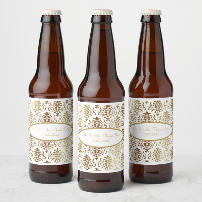 Gold Damask White Script Wedding Elegant Bierflaschenetikett (Flaschen)
