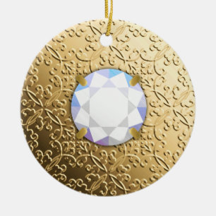 Gold Damask with a faux diamond gemstone Keramik Ornament