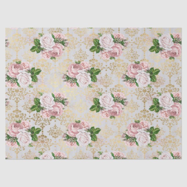 Gold Damaskus und rosa Rosen Seidenpapier (Vorderseite)