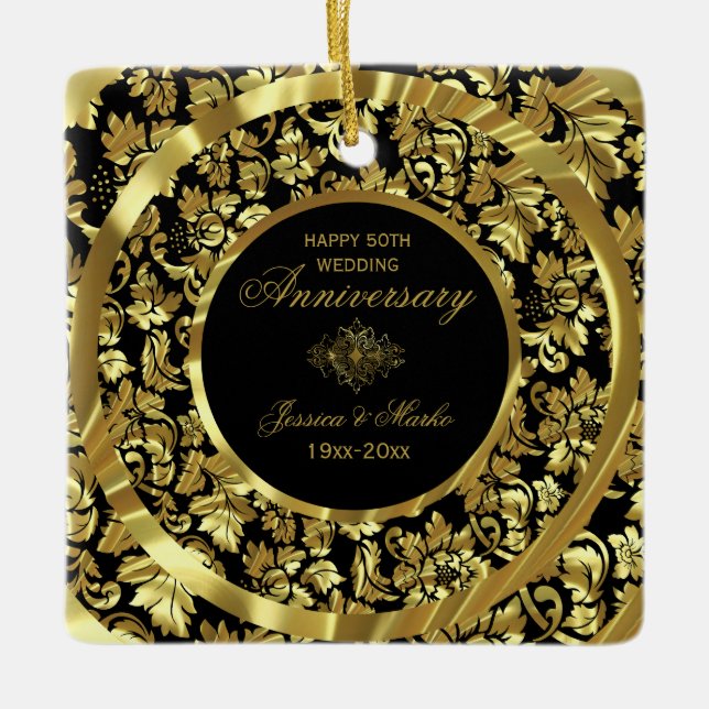 Gold Damaskus und schwarzer Hintergrund 50 Jahre a Keramikornament (Vorderseite)