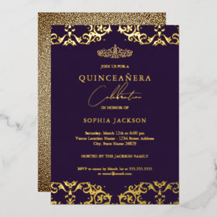 Gold Damast Lila Quinceanera 15. Geburtstag  Folieneinladung