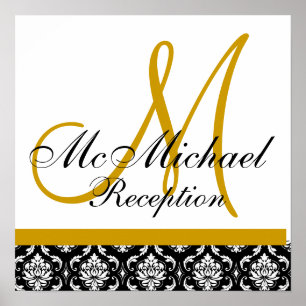 Gold Damast Monogramm Hochzeitsempfang Poster