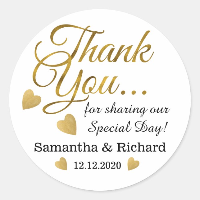 Gold Dankeschön Gastgeschenk Hochzeit Runder Aufkleber (Vorderseite)