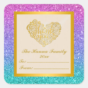 Gold Dankeschön Pink Lila Blau Glitter Hintergrund Quadratischer Aufkleber