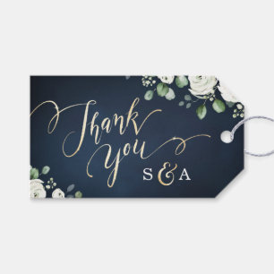 Gold Dankeschön Skript Marine weiß Blumen Hochzeit Geschenkanhänger