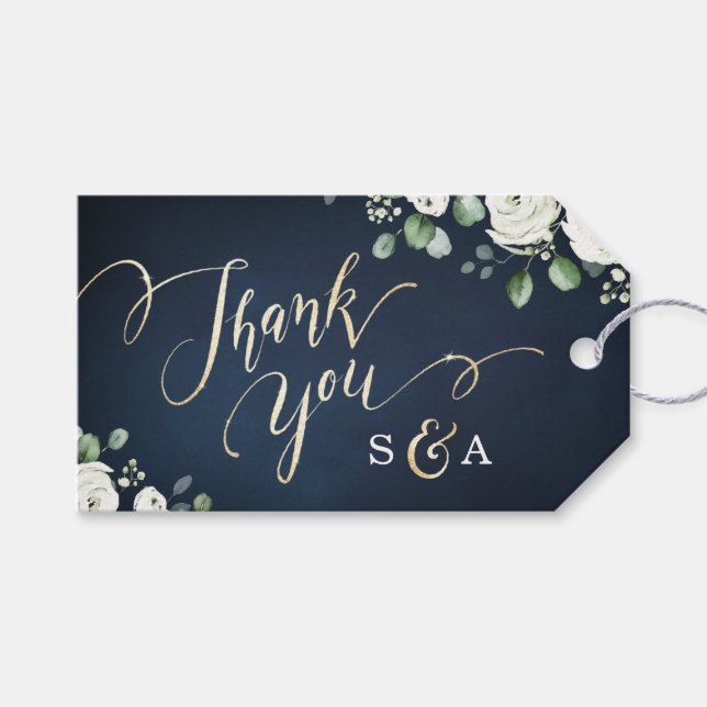 Gold Dankeschön Skript Marine weiß Blumen Hochzeit Geschenkanhänger (Vorderseite (Horizontal))