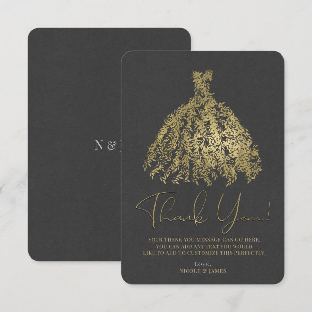 Gold & Dark Gray Botanisches Kleid Vielen Dank Einladung (Vorne/Hinten)