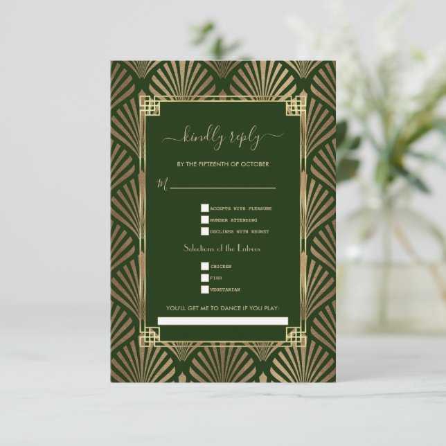 Gold Dark Green Art Deco Song Anfrage Hochzeit RSVP Karte (Stehend Vorderseite)