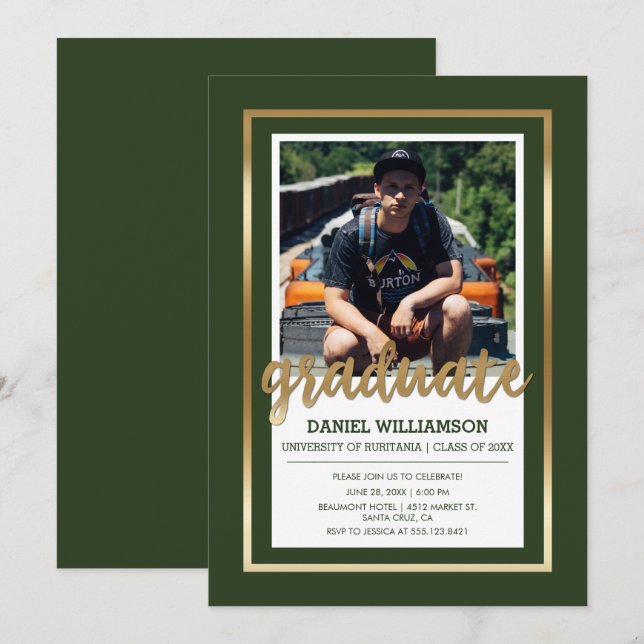 Gold & Dark Green Typografy | Foto Abschluss Einladung (Vorne/Hinten)