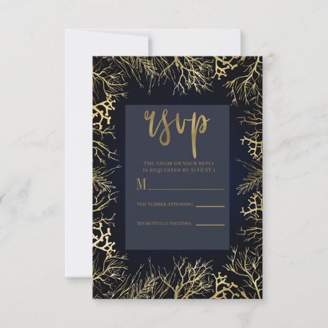 Gold & Dark Navy Blue Elegant Coral Wedding RSVP (Devant)
