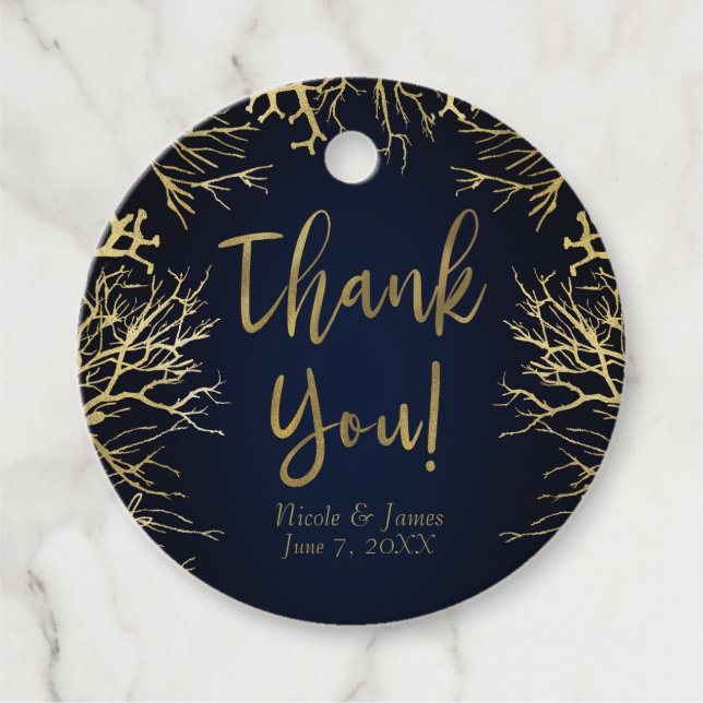 Gold & Dark Navy Blue Elegant Korallenhochzeit Geschenkanhänger (Vorderseite)