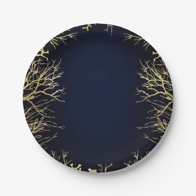 Gold & Dark Navy Blue Elegant Korallenhochzeit Pappteller (Vorderseite)