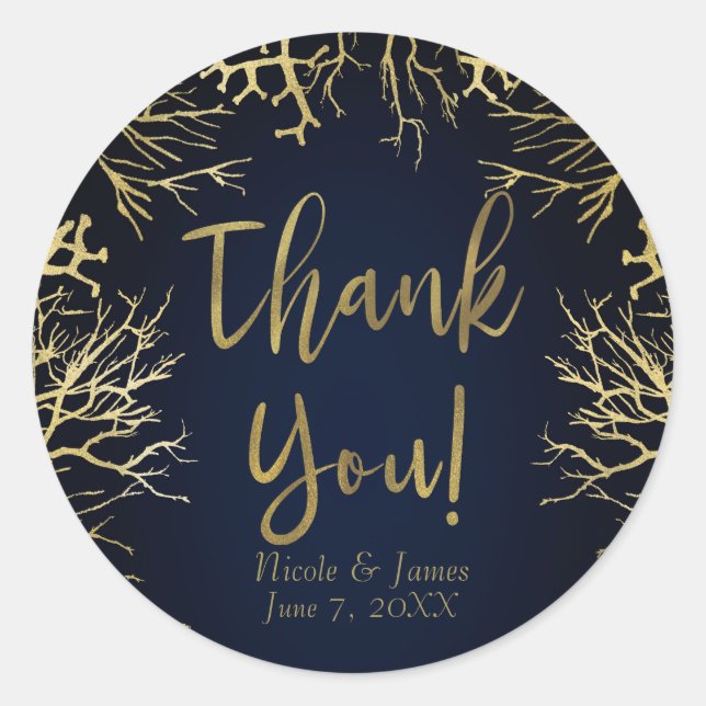 Gold & Dark Navy Blue Elegant Korallenhochzeit Runder Aufkleber (Vorderseite)
