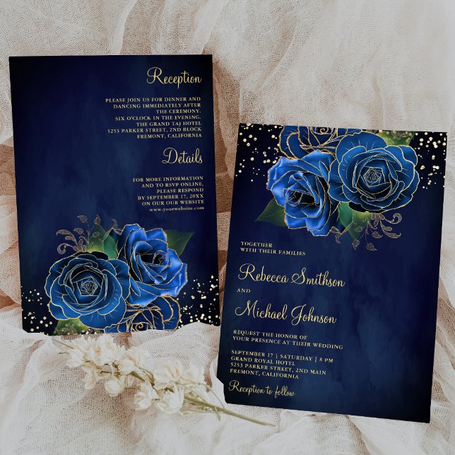 Gold Dark Royal Blue Floral All in One Wedding Einladung (Von Creator hochgeladen)