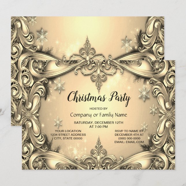 Gold Decorative Weihnachtsfeier Party Einladung (Vorne/Hinten)