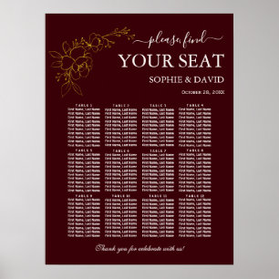 Gold Deep Burgundy 12 Tisch Sitzordnung Hochzeit Poster