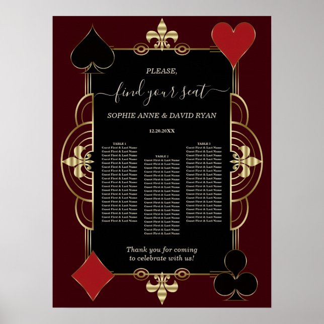Gold Deep Burgundy Casino Wedding Seating Chart  Poster (Vorne)