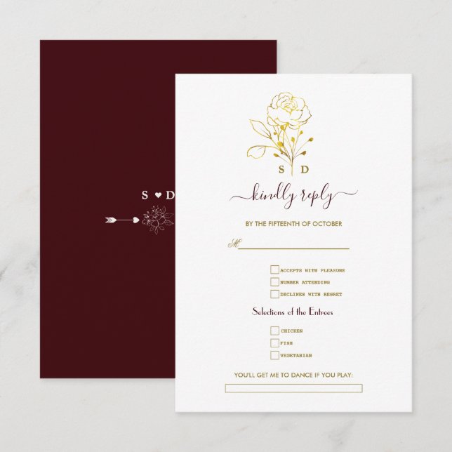 Gold Deep Burgundy Simple Song Request Wedding  RSVP Karte (Vorne/Hinten)