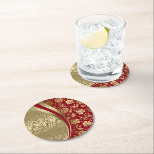 Gold & Deep Red Floral Damask Modernes Design Runder Pappuntersetzer