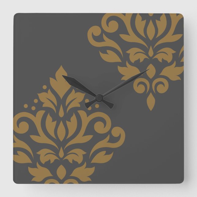 Gold der Rolle-Damast-Kunst-I auf Grau Quadratische Wanduhr (Vorderseite)