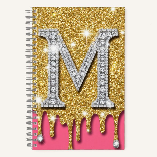 Gold-Diamant-Initial M Rosa Hintergrund Geschenkid Notizbuch (Vorderseite)