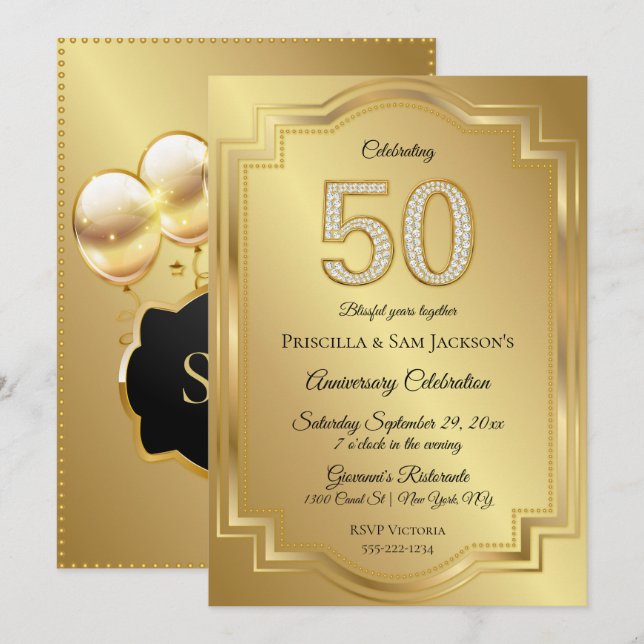 Gold & Diamanten 50. Geburtstag Einladung (Vorne/Hinten)