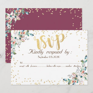 Gold Diamanten Burgunder Blumen RSVP Einladung