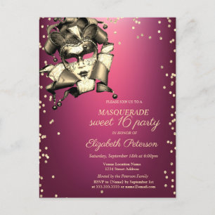 Gold Diamanten,Venedig Maske,Lila Sweet 16 Einladungspostkarte